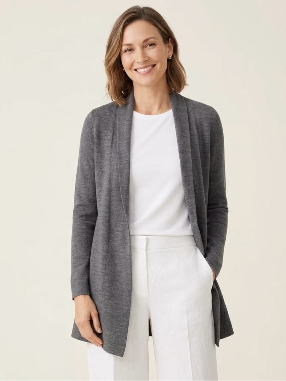 Eileen Fisher 100% Merino Wool Open Front Cardigan Sweater Charcoal Gray XXS